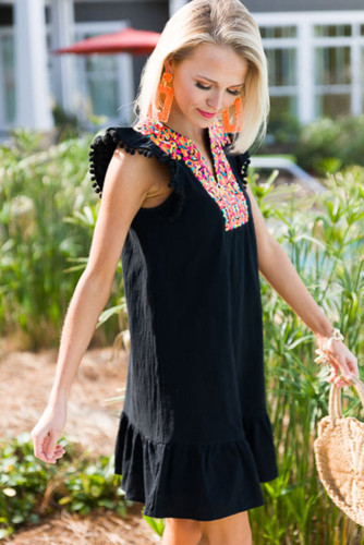 Black Boho Print Pompom Sleeve Shift Dress