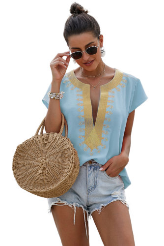 Sky Blue Short Sleeve Printed Neck Shift Blouse