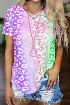 Purple Ombre Crisscross V Neck Printed T-shirt