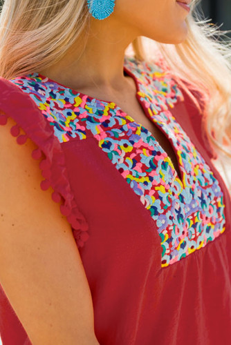 Red Boho Print Pompom Sleeve Shift Dress