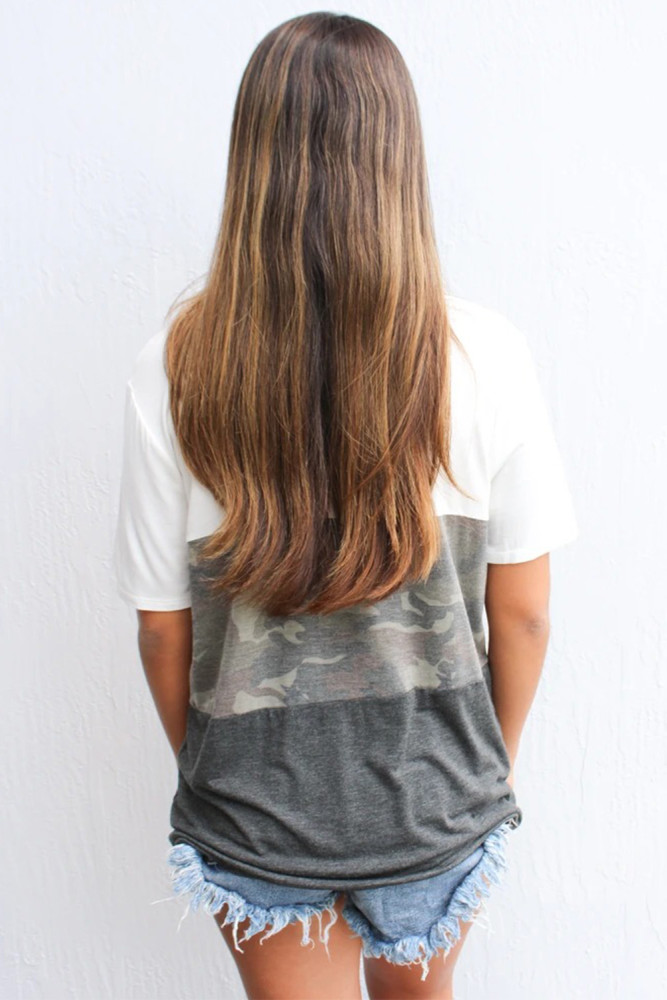 V Neck Colorblock Camo Print Splicing T-shirt