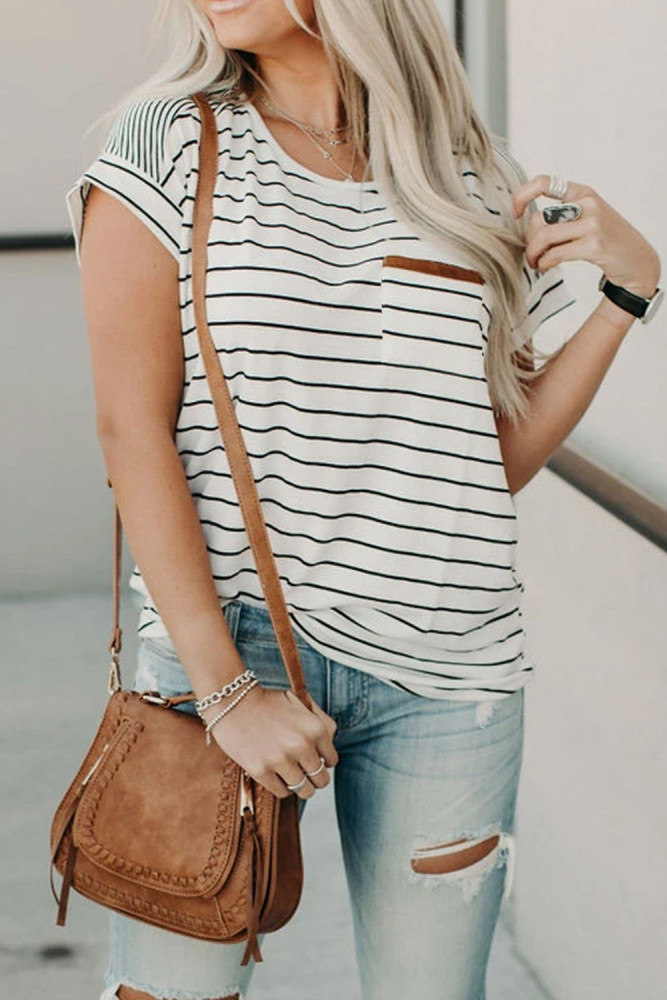 Striped Round Neck Tee with Patch Pocket