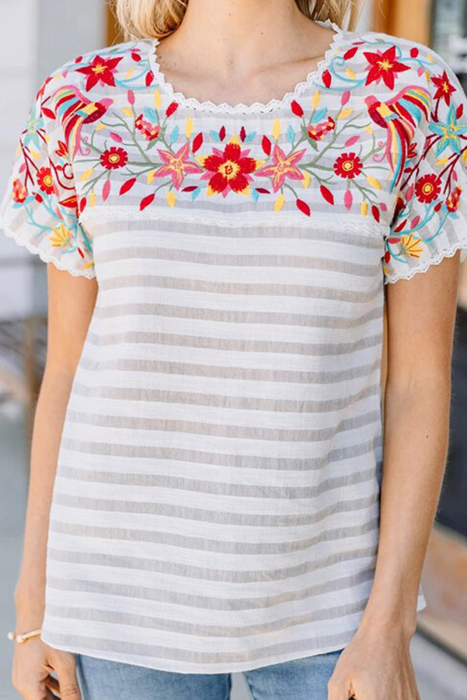 Floral Neck Short Sleeve Striped T-shirt