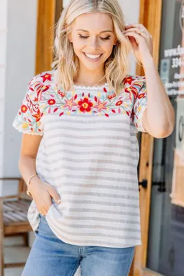 Floral Neck Short Sleeve Striped T-shirt