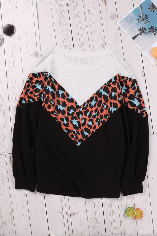 Black Colorblock Leopard Patchwork Knit Top