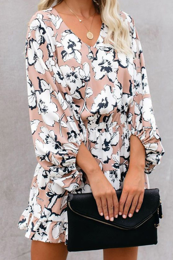 Apricot V Neck Lantern Sleeves Floral Tunic Dress