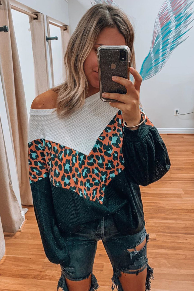 Black Colorblock Leopard Patchwork Knit Top