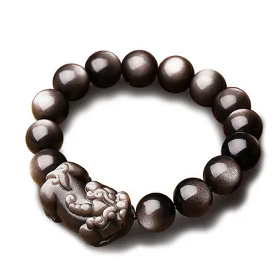 Young's Liuxi Obsidian Pixiu Bracelet Men's Natural Silver Obsidian Transfer Buddhist Bead Bracelet Jewelry Opens Light to ward off evil spirits