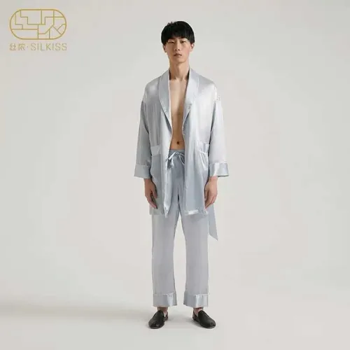 Silkiss/Silenong silk nightgown men's fashion pajamas loose and comfortable mulberry silk long-sleeved home service suit