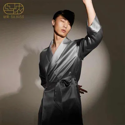 Silkiss/Silenong silk nightgown men's fashion pajamas loose and comfortable mulberry silk long-sleeved home service suit