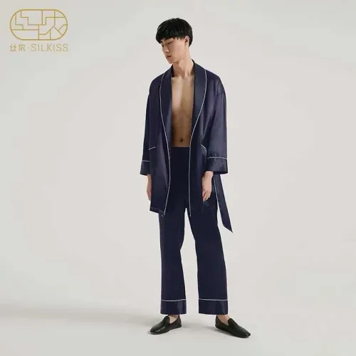 Silkiss/Silenong silk nightgown men's fashion pajamas loose and comfortable mulberry silk long-sleeved home service suit
