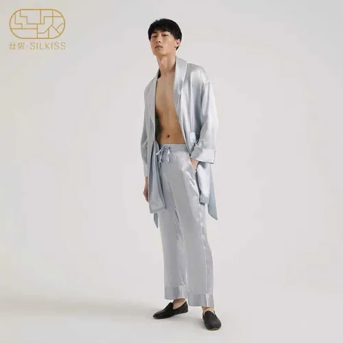 Silkiss/Silenong silk nightgown men's fashion pajamas loose and comfortable mulberry silk long-sleeved home service suit