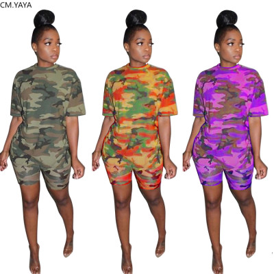 2020 Camouflage Print Women Two Pieces Sets Summer Tracksuits Tee Tops+ Shorts Leggings Suit Sporty Fitness Night Outfits 2 Pcs