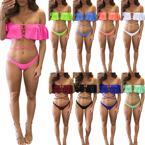 Neon Green red Underwire Bikini Ruffles beachwear Female Swimsuit sets Women Swimwear Two-piece Bikini set Bather Bathing Suit