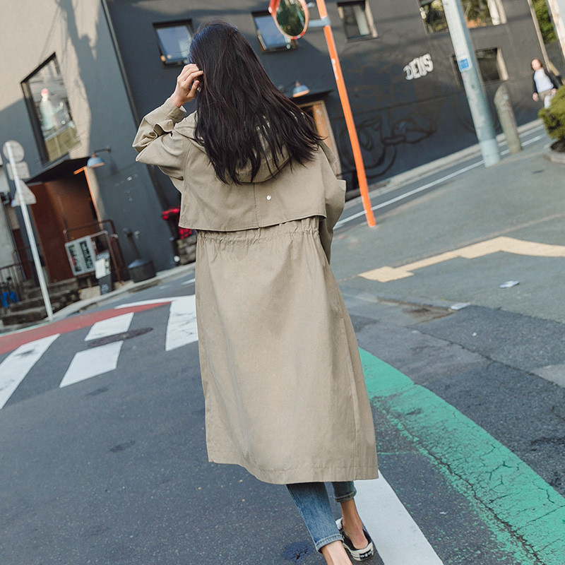 Women Windbreaker Long Hooded Adjustable Waist Khaki Trench Coat with Flaps Lady Cloak Duster Coat Female Outerwear Spring Fall