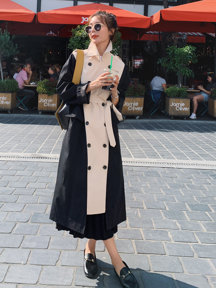 Women Trench Long Coat Double Breasted Black-Khaki Windcheater Cloak with Belt Turn-down Collar Ladies Outerwear Fashion 2020