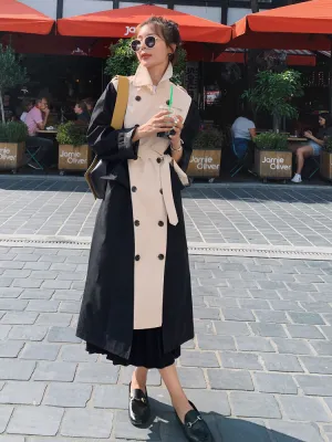 Women Trench Long Coat Double Breasted Black-Khaki Windcheater Cloak with Belt Turn-down Collar Ladies Outerwear Fashion 2020