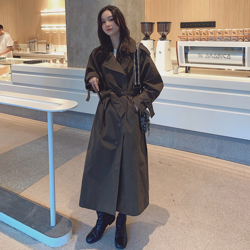 Fashion New Solid Coffee Color Women Trench Coat Long Double-Breasted Belted Oversized Loose Windbreaker Spring Autumn Outerwear