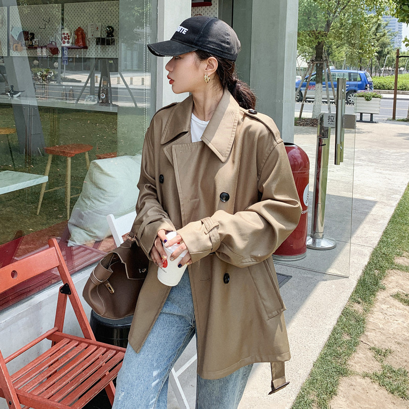 Classic Korean Style Lady Short Trench Coat for Women Double-Breasted Duster Coat Dark Khaki Female Outerwear Spring Autumn