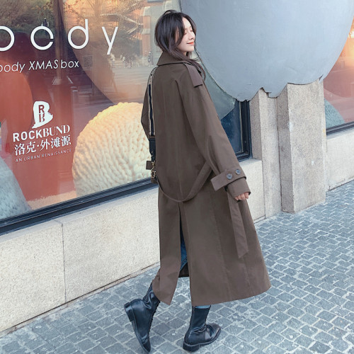 Fashion New Solid Coffee Color Women Trench Coat Long Double-Breasted Belted Oversized Loose Windbreaker Spring Autumn Outerwear