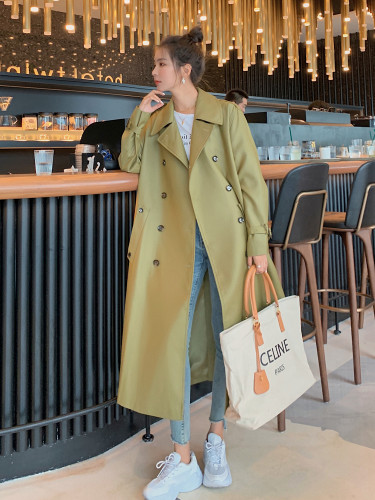 England Style Fashion Army Green Long Trench Coat Women Double-Breasted Belted Windbreaker Lady Duster Coat Spring Autumn