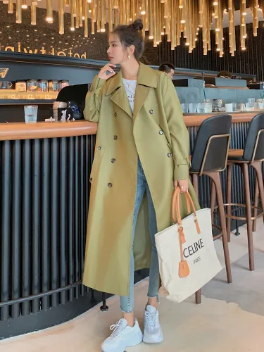 England Style Fashion Army Green Long Trench Coat Women Double-Breasted Belted Windbreaker Lady Duster Coat Spring Autumn