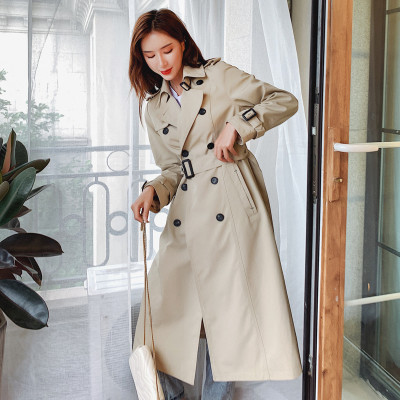 Fashion England Style Slim Lady Trench Coat Long Double-Breasted Women Duster Coat with Belt Khaki Windbreaker Spring Autumn