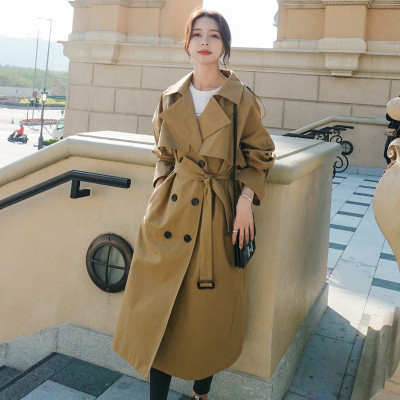 Brand New Classic Khaki Women's Trench Coat Long Double-Breasted Long with Belt Flaps Spring Fall Female Windbreaker Outerwear