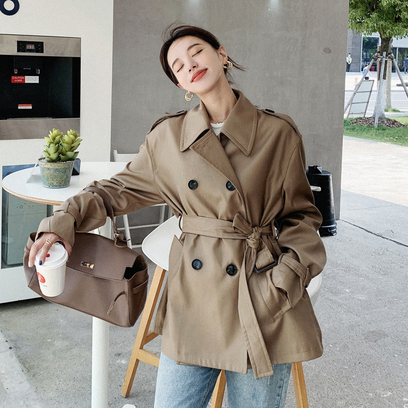 Classic Korean Style Lady Short Trench Coat for Women Double-Breasted Duster Coat Dark Khaki Female Outerwear Spring Autumn