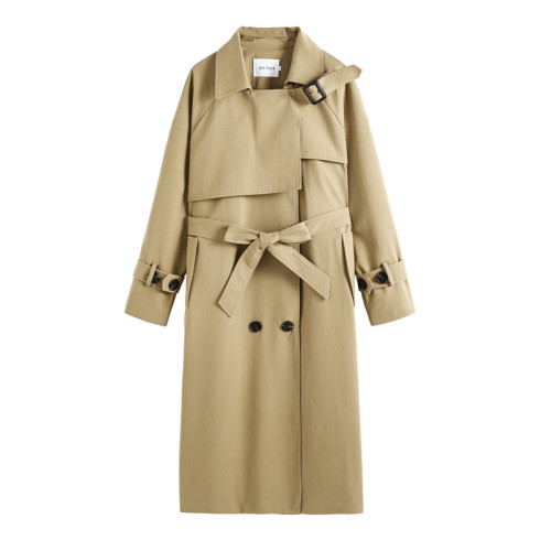 Spring Autumn Double Breasted Women Trench Coat Long Below-Knee Belted Duster Coat  Khaki Outerwear for Ladies Windbreaker