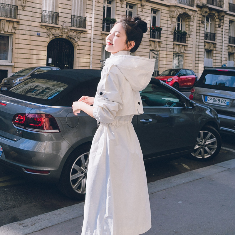 Fashion Womens Trench Coats Hooded Long Adjustable Waist Spring Autumn Windproof Lady Female Casual Clothes Red White Green