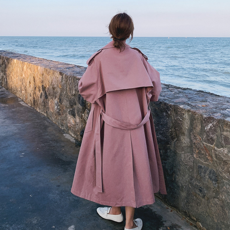 Fashion Pink Khaki Women Trench Coat Double-Breasted Long Belted Windbreaker with Flaps Spring Autumn Cloak Outerwear