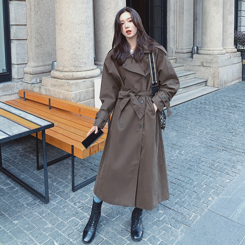 Fashion New Solid Coffee Color Women Trench Coat Long Double-Breasted Belted Oversized Loose Windbreaker Spring Autumn Outerwear