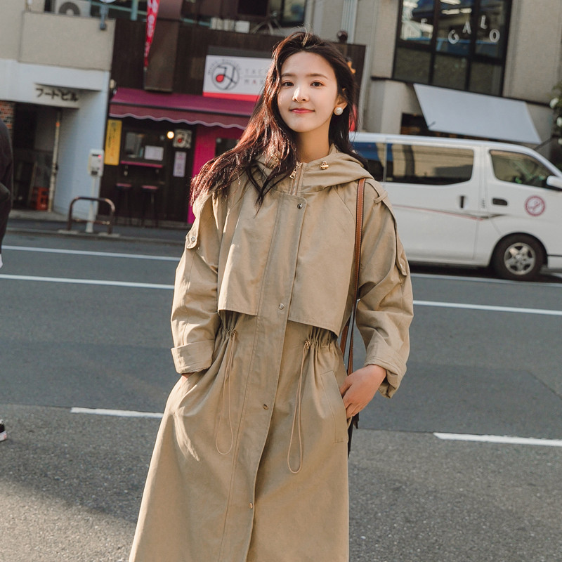 Women Windbreaker Long Hooded Adjustable Waist Khaki Trench Coat with Flaps Lady Cloak Duster Coat Female Outerwear Spring Fall