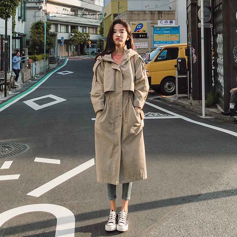 Women Windbreaker Long Hooded Adjustable Waist Khaki Trench Coat with Flaps Lady Cloak Duster Coat Female Outerwear Spring Fall