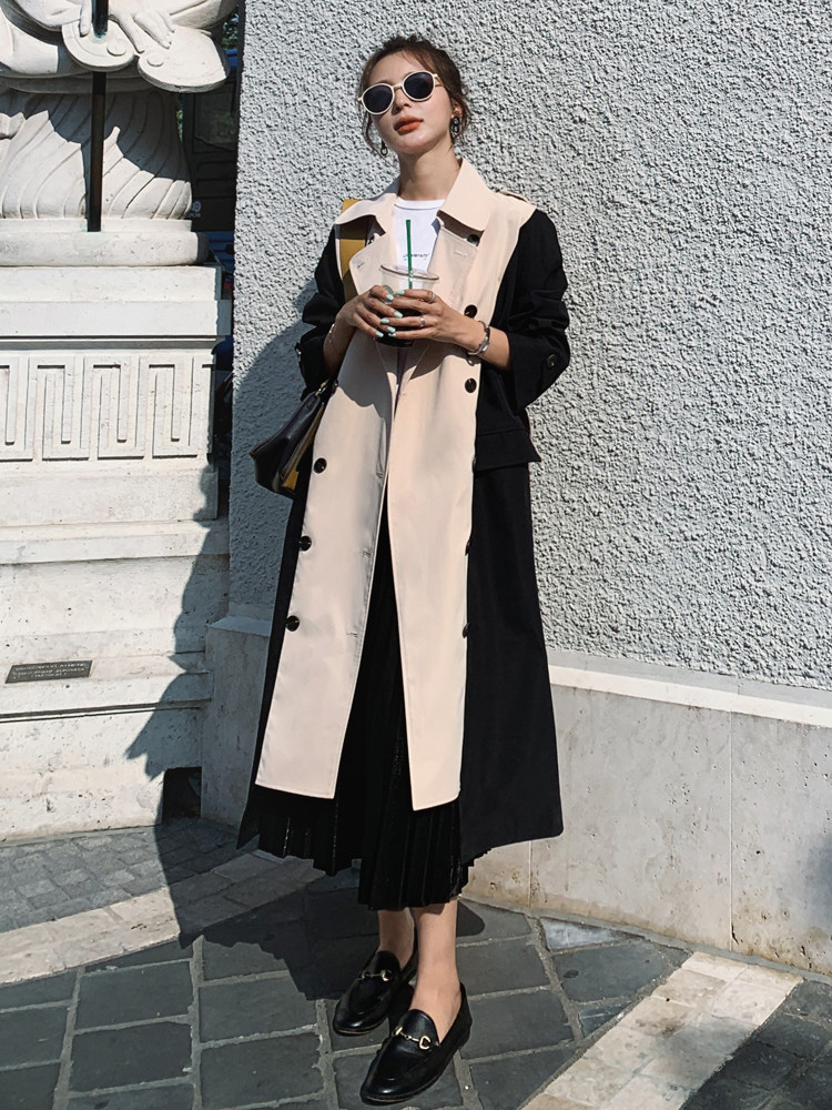 Women Trench Long Coat Double Breasted Black-Khaki Windcheater Cloak with Belt Turn-down Collar Ladies Outerwear Fashion 2020