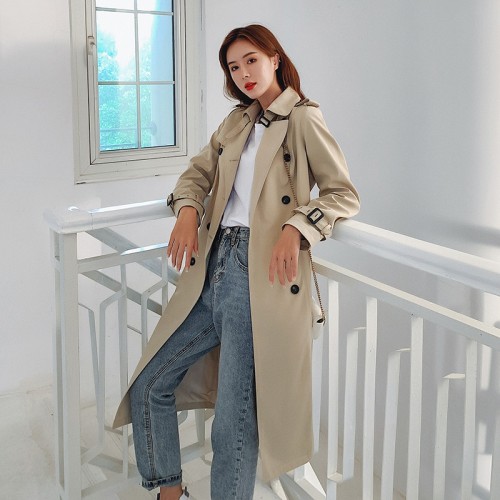 Fashion England Style Slim Lady Trench Coat Long Double-Breasted Women Duster Coat with Belt Khaki Windbreaker Spring Autumn