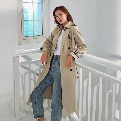 Fashion England Style Slim Lady Trench Coat Long Double-Breasted Women Duster Coat with Belt Khaki Windbreaker Spring Autumn