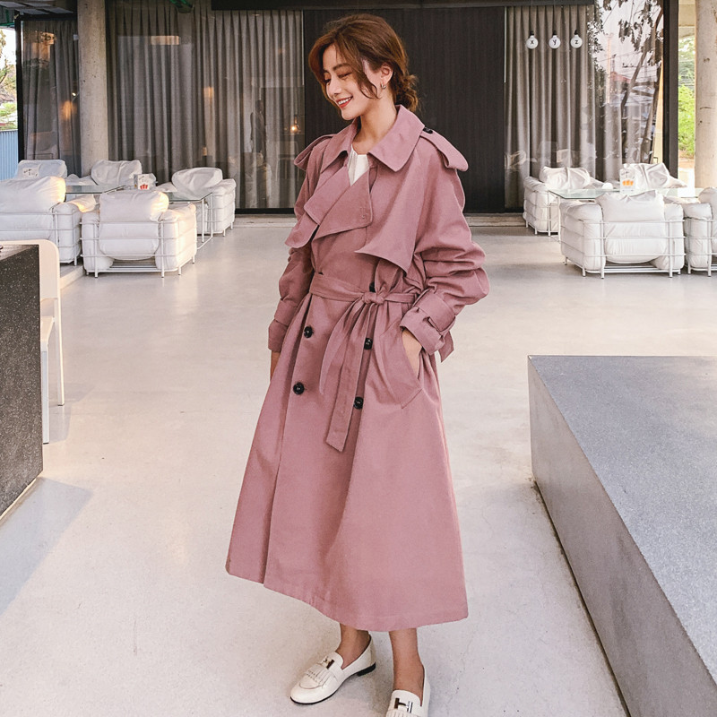 Fashion Pink Khaki Women Trench Coat Double-Breasted Long Belted Windbreaker with Flaps Spring Autumn Cloak Outerwear