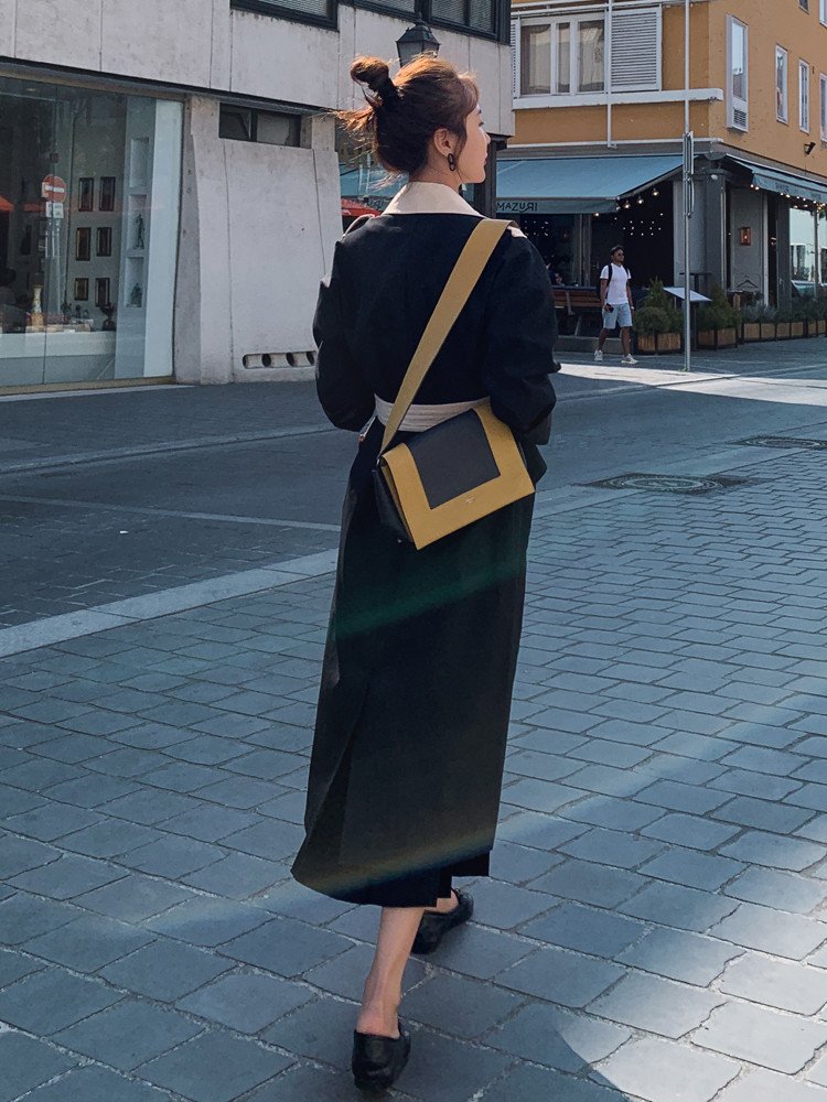 Women Trench Long Coat Double Breasted Black-Khaki Windcheater Cloak with Belt Turn-down Collar Ladies Outerwear Fashion 2020