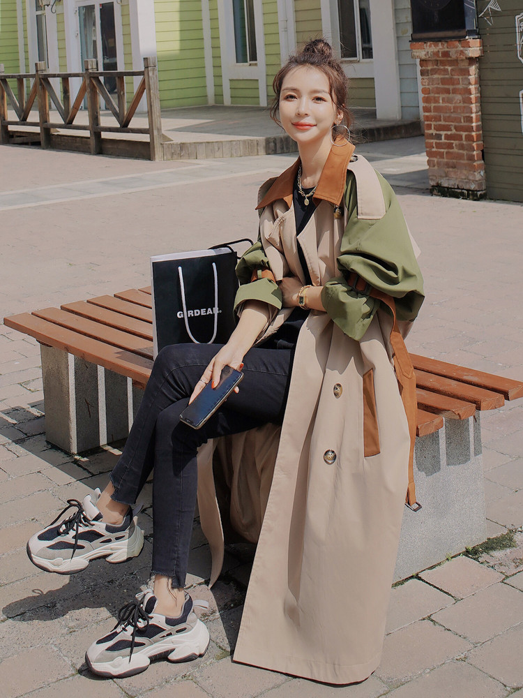 Brand New Fashion Women's Trench Coat Colorblock Long Double-Breasted with Belt Lady Windbreaker Spring Autumn Outerwear Clothes