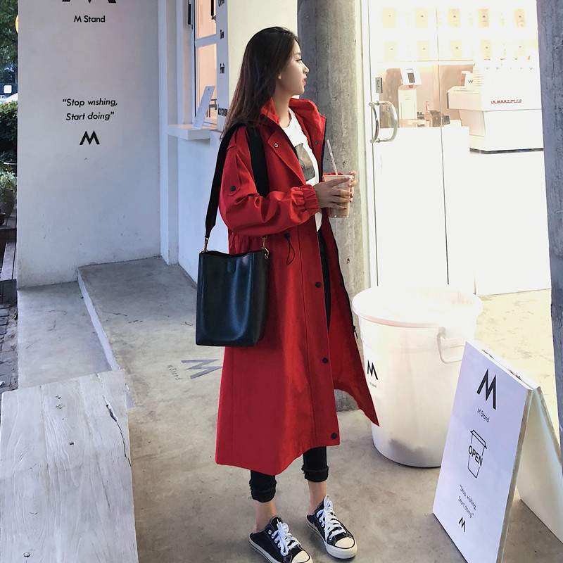 Fashion Womens Trench Coats Hooded Long Adjustable Waist Spring Autumn Windproof Lady Female Casual Clothes Red White Green