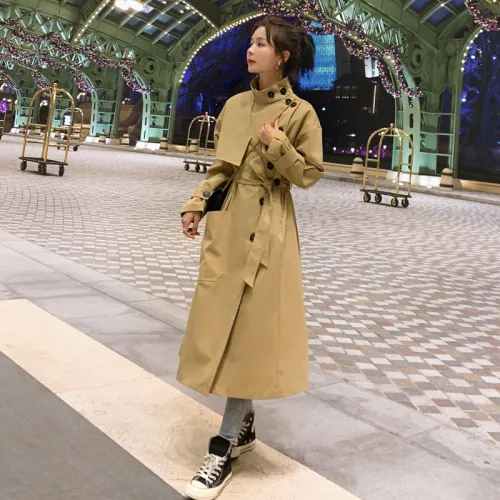 England Style Women's Windbreaker Trench Coat Long Single-Breasted Slim Belted with Flap Pocket Spring Autumn Cloak Outerwear