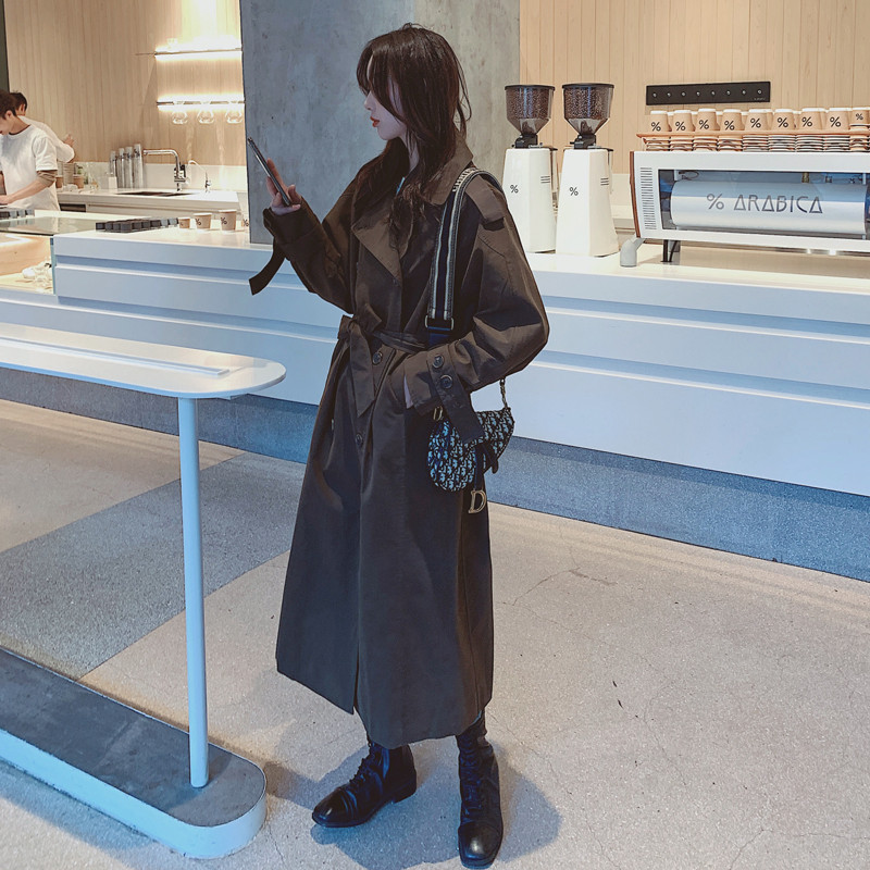 Fashion New Solid Coffee Color Women Trench Coat Long Double-Breasted Belted Oversized Loose Windbreaker Spring Autumn Outerwear