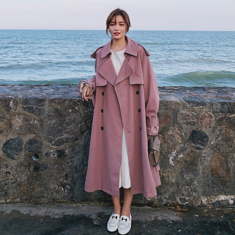 Fashion Pink Khaki Women Trench Coat Double-Breasted Long Belted Windbreaker with Flaps Spring Autumn Cloak Outerwear
