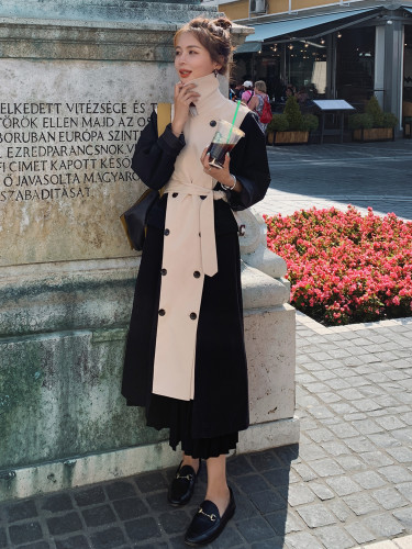Women Trench Long Coat Double Breasted Black-Khaki Windcheater Cloak with Belt Turn-down Collar Ladies Outerwear Fashion 2020
