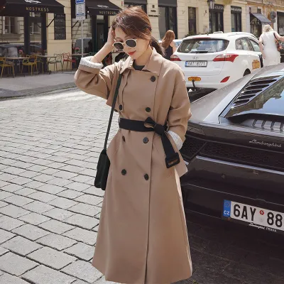 Spring Autumn Windbreaker Women Long Trench Coat Double-Breasted Belted with Flaps Slim Office Lady Outerwear Female Clothes