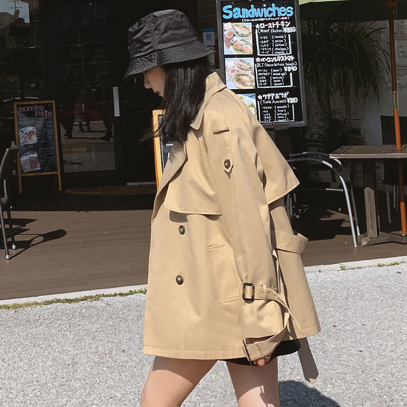 Classic Khaki Short Double-Breasted Trench Coat for Lady with Belts Flaps Women Windbreaker Spring Autumn Female Clothes