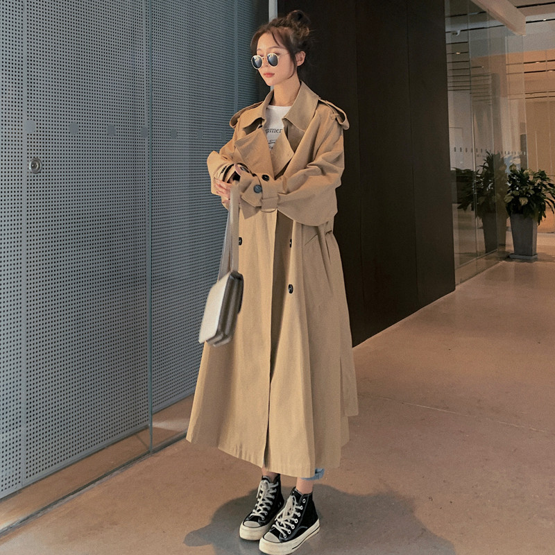 Fashion Pink Khaki Women Trench Coat Double-Breasted Long Belted Windbreaker with Flaps Spring Autumn Cloak Outerwear