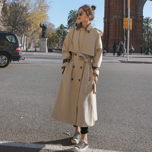 Fashion New Women Trench Coat Double-Breasted Long Patchwork with Belt Storm Flaps Spring Autumn Ladies Outerwear Clothes Coat